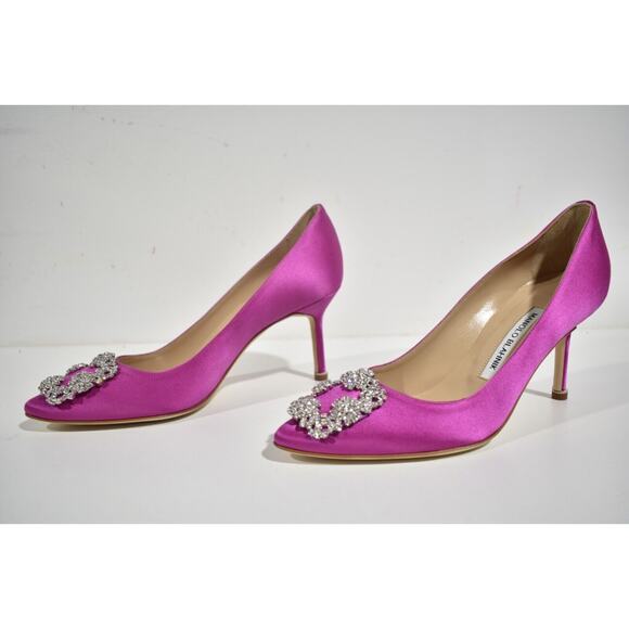 Manolo Blahnik Hangisi 70 Spur Pink Satin Jewel Crystal Buckle Heel Pump 39.5 - Picture 8 of 10